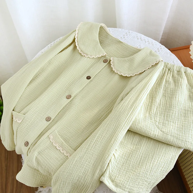 Spring New Arrived Double Layer Gauze Pajamas Pyjamas Set Women Nightwear Sleepwear Female Cotton Two-Piece Ladies Home Clothes