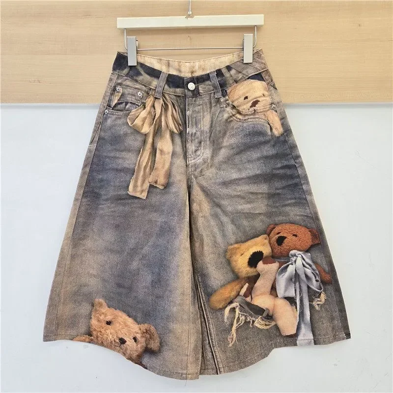 

American Teddy Bear Print Loose Denim Shorts Retro Washed Wide Leg Mid-Length Casual Streetwear Summer Women's Loose Jeans
