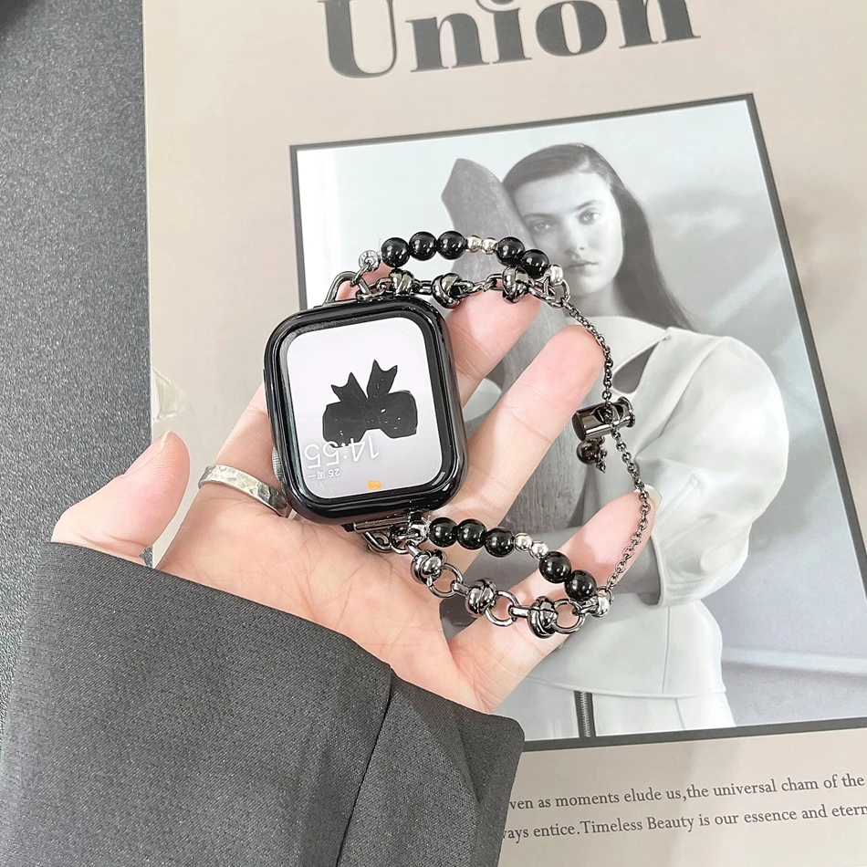 Correa de metal con cadena de perlas de moda para Apple Watch Ultra 49mm iWatch Series 7 8 6 SE 4 5 38/40/41mm 42/44/45mm: Pulsera de banda de reloj elegante