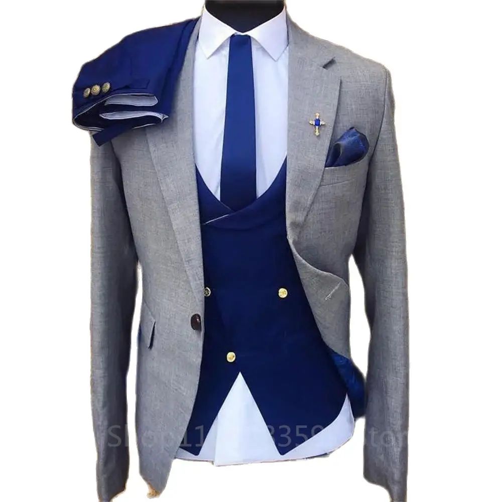 3 Piece Gray Wedding Tuxedo for Men Formal Suits Set Jacket Double Breasted Waistcoat with Royal Blue Pants Male Fashion Costume