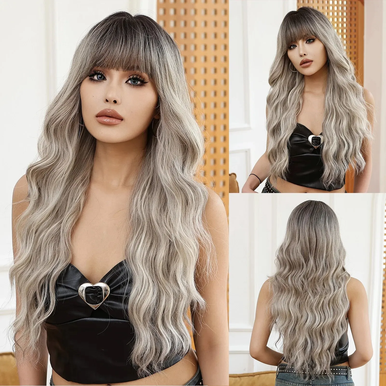 Grey Blonde Ombre Wavy Wigs Long Natural Looking Daily Wigs for Women Cosplay Synthetic Fake Hair High Temperature Fiber