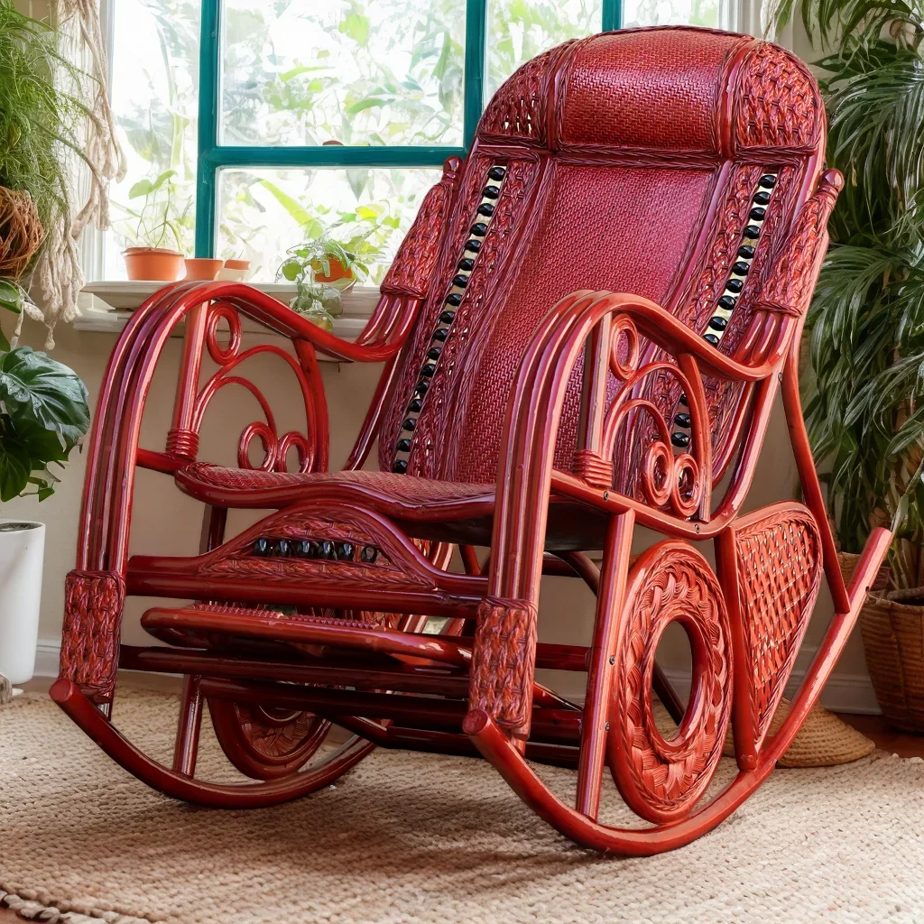Rattan rocking chair elderly leisure chair household balcony rattan recliner real rattan lazy chair sturdy