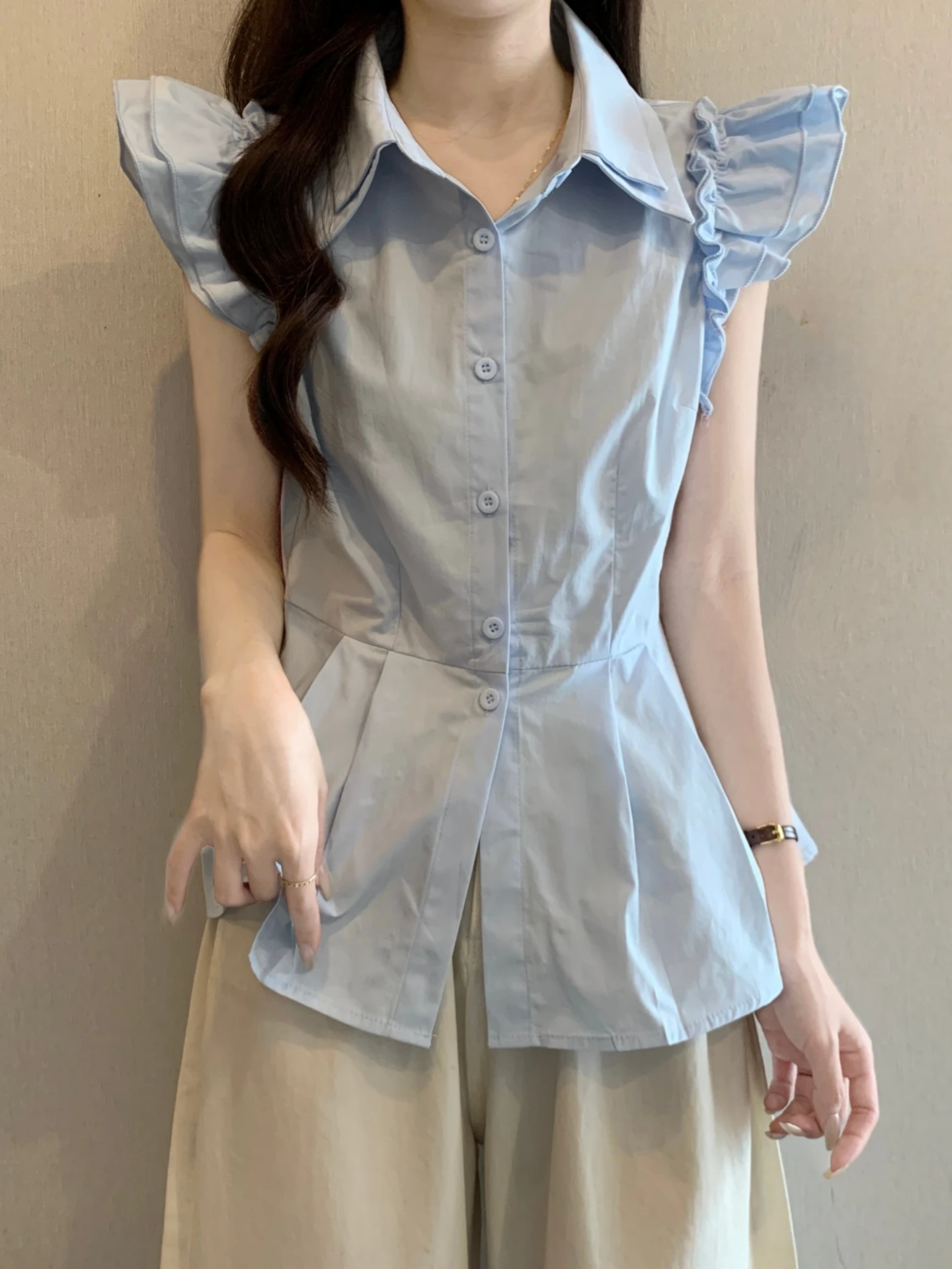 

Blue Fleece Sleeve Base Shirt Women Summer 2026 plus Size Flattering Design Slimming Trendy Beautiful Top Korean Style Commute