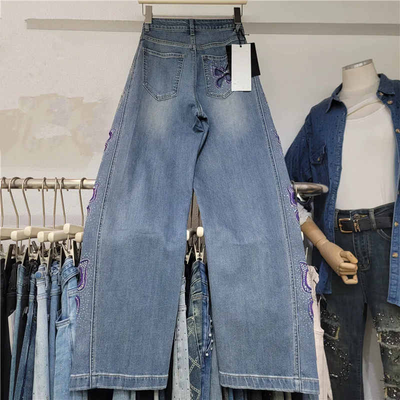 2025 summer new heavy industry hot diamond hollow butterfly jeans women's high waist versatile temperament mopping pants