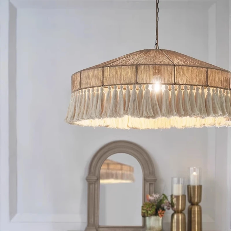 Japanese style Dining Room Round chandelier Hand Woven Hemp Rope Chandelier Retro Industrial Style Attic Glossy Lighting Fixture