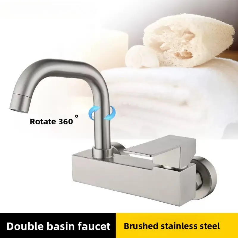 

Bathroom Sink Faucet Brushed Basin Tap 304 Stainless Steel Wall-mounted Bathroom Hot Cold Mixing Faucet Universal Swivel Faucet