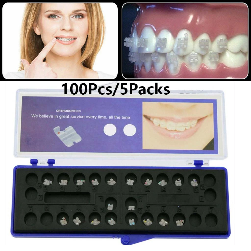 100 Pcs/5 Packs Dental Orthodontic Ceramic Brackets Brace Braces For Teeth  Mesh Base Roth /MBT Solt 0.022 Hooks 3 4 5