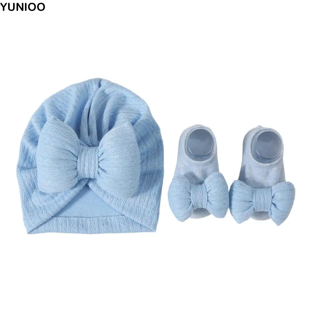 

Sweet Cute Cotton Knit Baby Hat Socks Set 0-12 Months Big Bowknot Baby Bow Fetal Cap Windproof Warm Newborn Turban Hat Baby