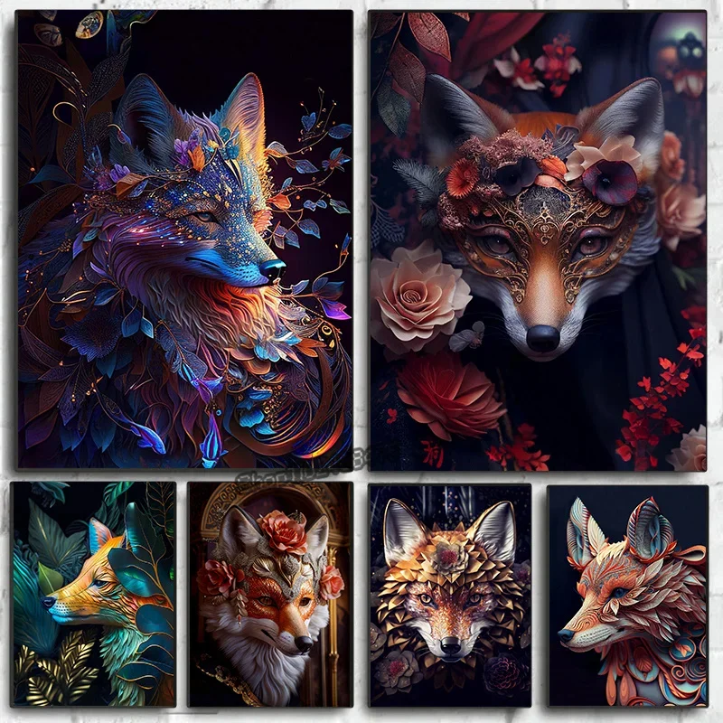Fox Creanimals Poster Shaman Spirit Fox and Mask Canvas Print Painting Animal Wall Art Pictures Home Living Room Decor Cuadro