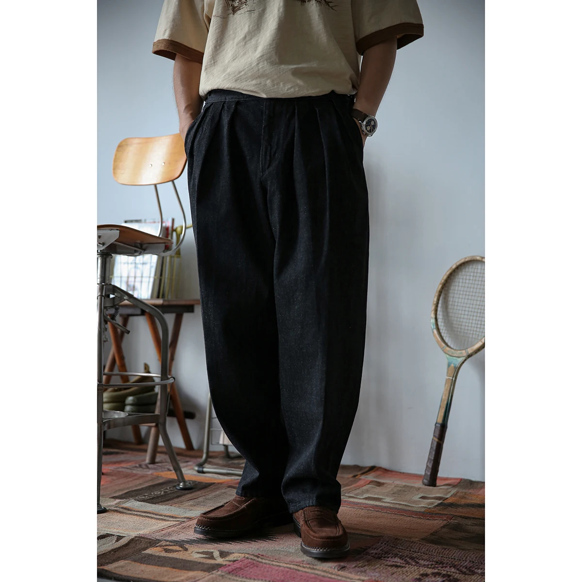 Second Order Pleated Jeans Black 14oz Selvage Denim High Rise British Army Pants