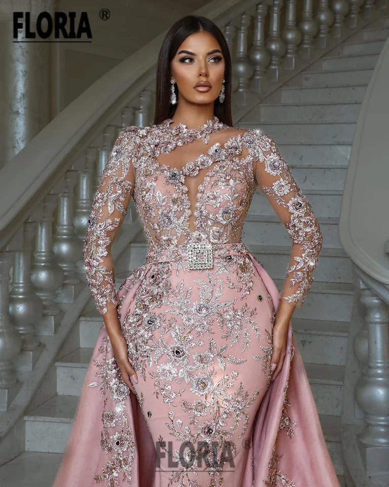 Prachtige Dubai Mermaid Avondjurken Bloemen Kant Applicaties Wedding Partij Jassen Arabië Formele Gelegenheid Jurk Robe De Soiree