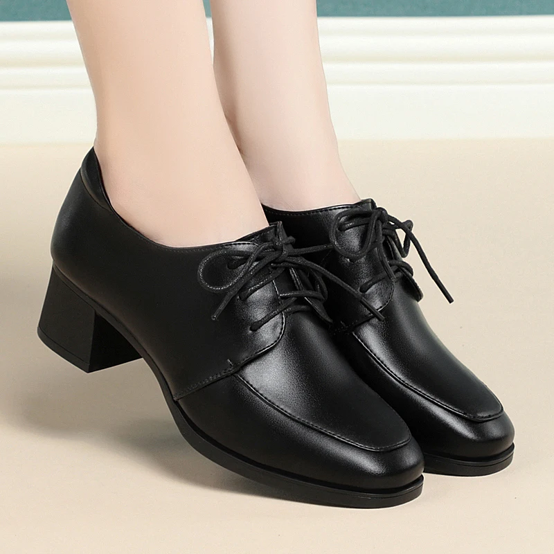 

Ladies' Shoes Genuine Leather 2026 New Comfortable College Style New Mid Heel SquareToe British Style Lace Up Ladies' Shoes