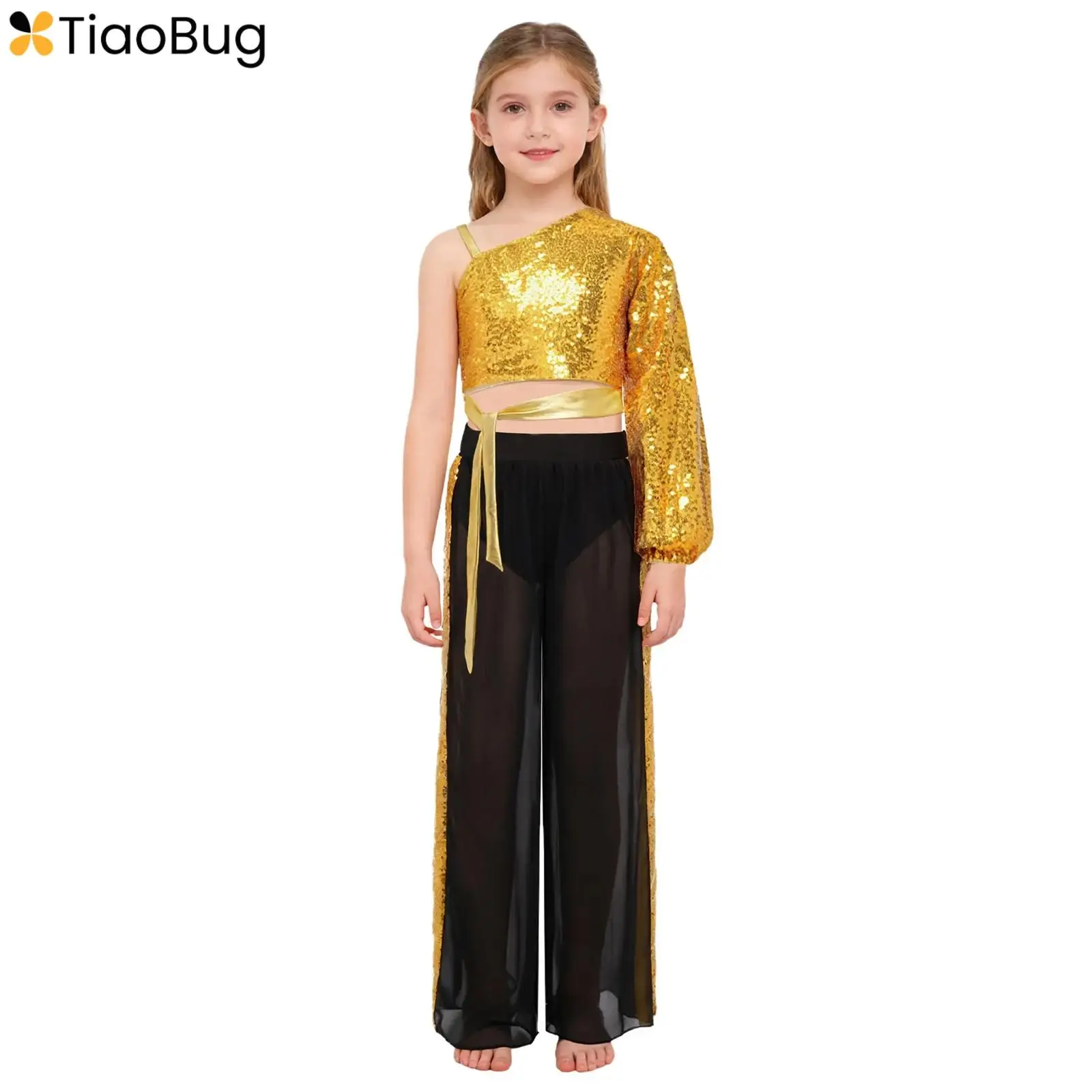 

Kids Girls Sequins Lyrical Dance Outfit Jazz Dancewear One Shoulder Long Sleeve Zipper Self-Tie Crop Top+Chiffon Wide-Leg Pants