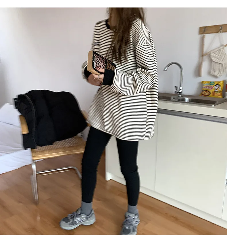 Damen Herbst T-Shirt Winter Studenten-Sweatshirt Gestreiftes Langarm-Oberteil mit Normalen Schultern Neues Rundhals-Langarm-Sweatshirt – Detail 8