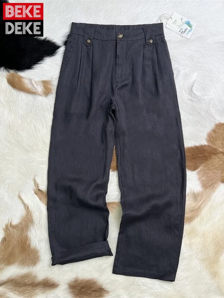 

Office Men Linen Suit Pants Button Fly Loose Fit Comfortable Summer Trousers Vintage Business Casual Solid Color Straight Pants