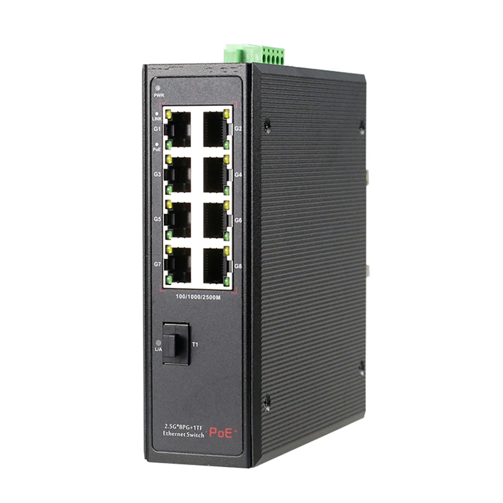 

9-портовый промышленный сетевой коммутатор Bullscom | 8×2,5G PoE+ (30 Вт/портовый) + 1×10G SFP | Неуправляемый | Прочный металлический корпус