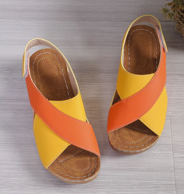 Women's Thick-Soled Color-Block Roman Sandals: Cross-Border Muffin-Sole Velcro Open-Toe Beach Flip-Flops