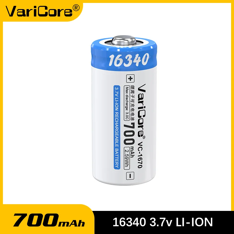 

VariCore 16340 Rechargeable Li-ion Battery 700mAh 3.7V High Capacity for Flashlights, Lasers, LED Lights