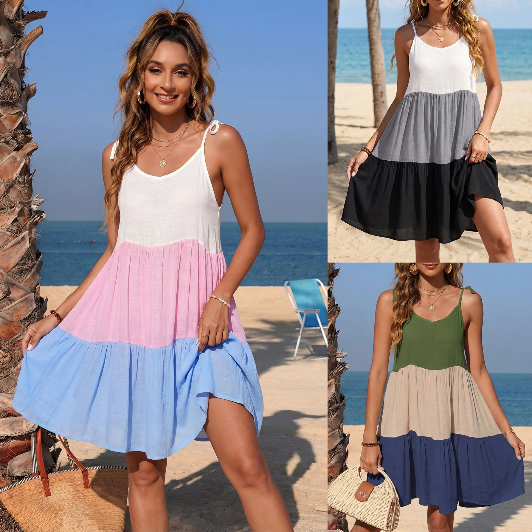

Women's Pink Color Block Stripe Beach Dress Casual Strap Maxi Swimwear Interleaved Stripes for Ladies