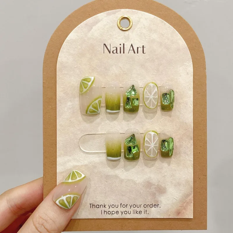 

10pcs Square Green Gradient Handmade Press on Nail Mid-length Coffin Lemon Printed Design Fake Nail Diamond Full Cover Nail Tips