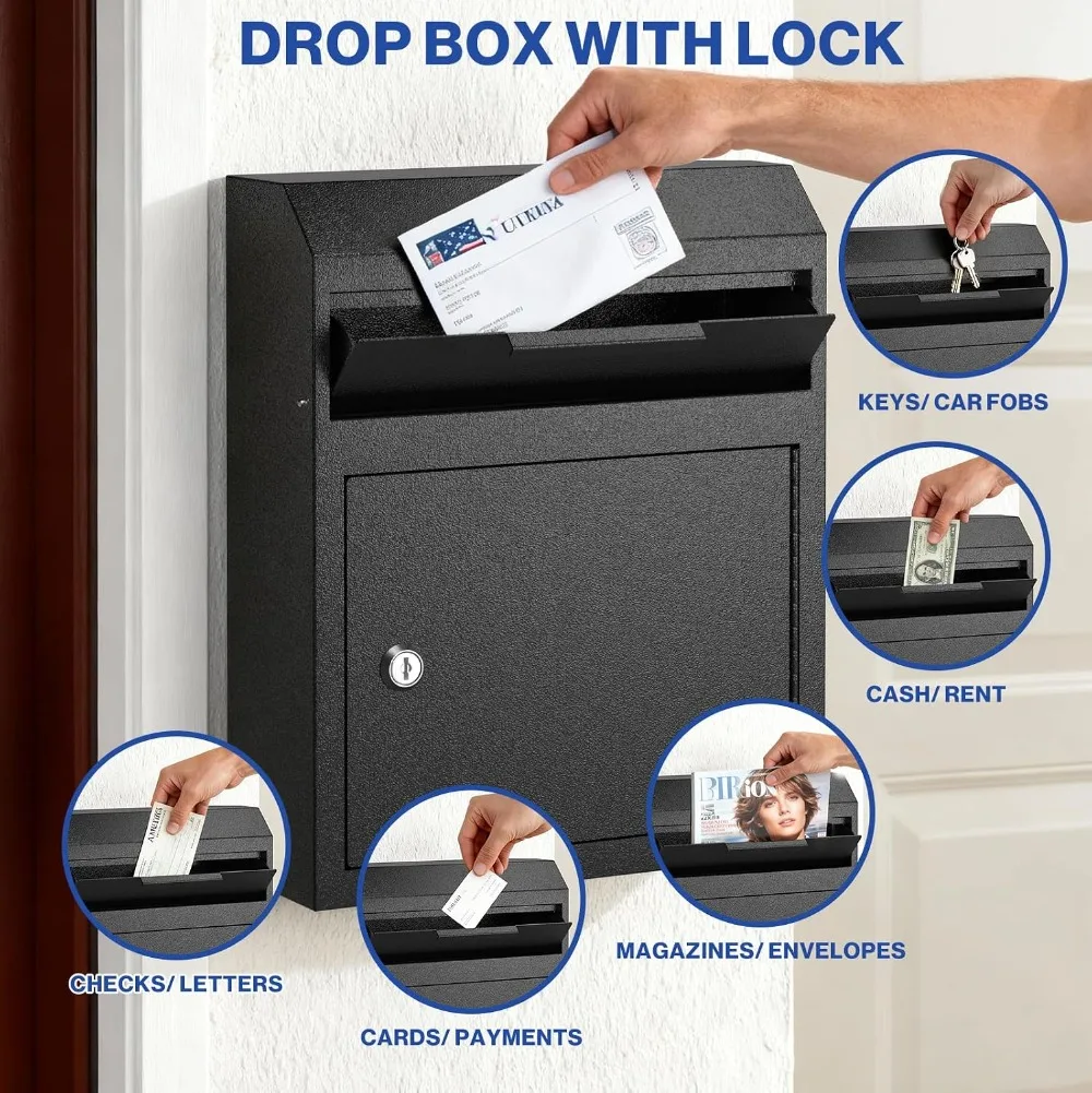 Large Wall Mount Locking Drop Box Safe - Heavy Duty Extra Large Lock Box for Keys, Mail, Rent, Checks, Deposit, and Payments (12'' x 4.25'' x 14.75'') - view 6