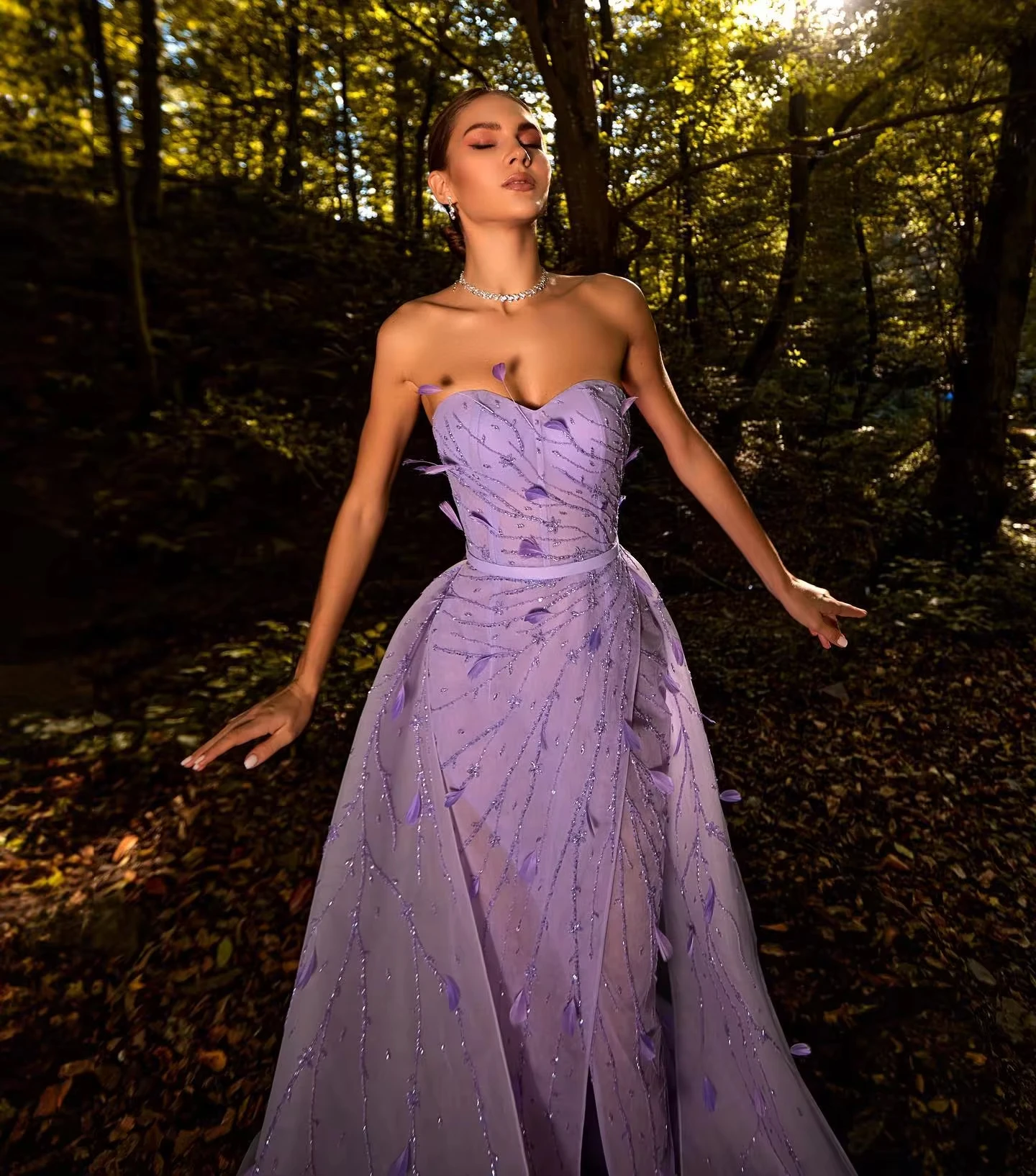 Custom Made Luxury Feathers Beaded Lilac Evening Dresses Overskirt Sweetheart Slit Arabic Wedding Party Gowns SZ456