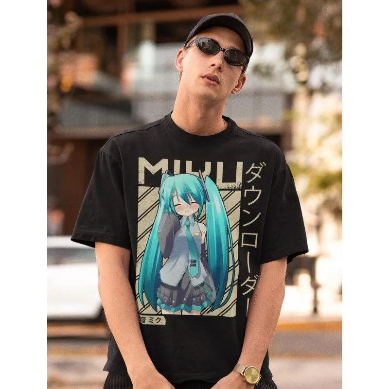 T-shirt homme été 2026 Anime Hatsune Miku, col rond, motif graphique, coupe ample, manches courtes, style streetwear