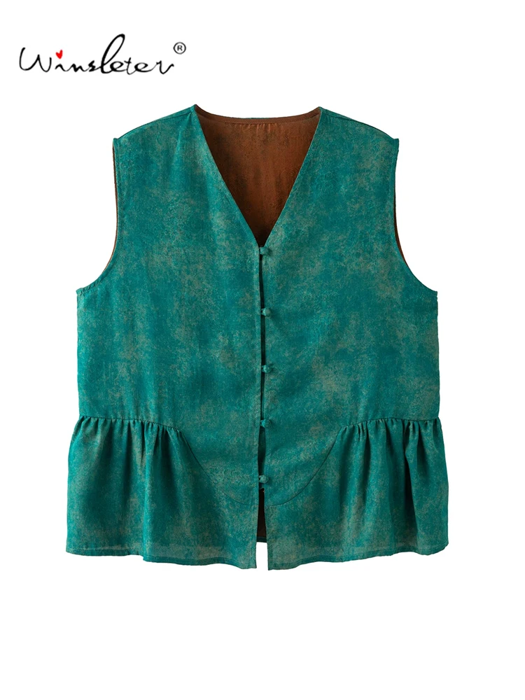 Winsleter-100%Real Silk Watered Gauze Elegant Vest Coat, V Neck Ruffles, Women Retro Commute Waistcoat, 2026 Summer New C67861CC