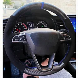 For Seat Leon 5F Mk3 2013-2020 Ibiza 6J Tarraco Arona Ateca Alhambra DIY Black Carbon Leather Suede Car Steering Wheel Covers