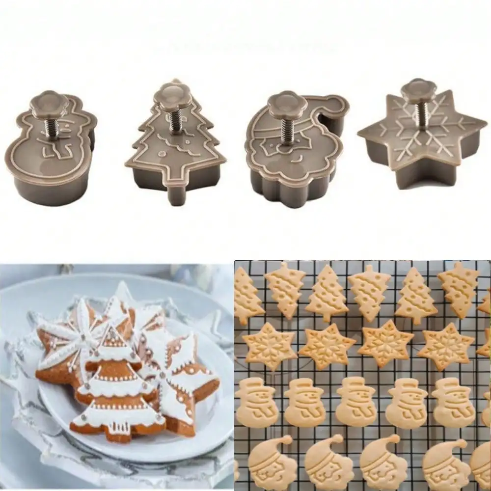 4pcs Christmas 3D Cookie Cutter Set Snowman Snowflake Christmas Tree Santa Claus Pattern Plastic Baking Molds For Party Holiday