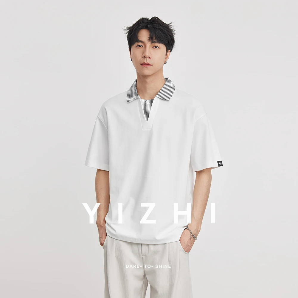 

2026 New Summer Men's 220g Heavyweight Striped Lapel Spliced Polo Shirt Short Sleeve Fashion Simple Versatile Tee