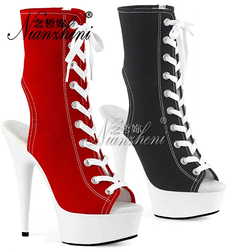 Stripper shoes Exotic Dancer 15cm Platform Ankle Boots 6Inch Thin Heels Peep Toe Pole Dance Gladiator flock Jeans women party