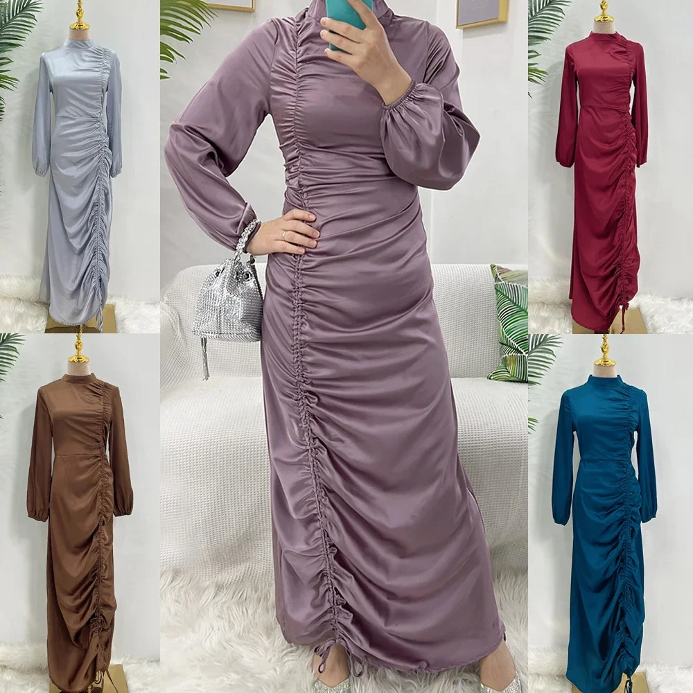 

Satin Muslim Womens Dress Summer Fashion Slim High Waist Long Dress Dubai Abaya Turkey Islam Clothing Evening Party Clothes Robe
