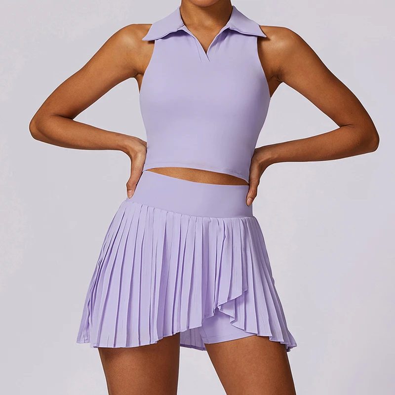 Women Two Pieces Fitness Yoga Set Solid Color Summer Outdoor Running Suit Tennis Skirt Short Sportswear Female Workout Clothes