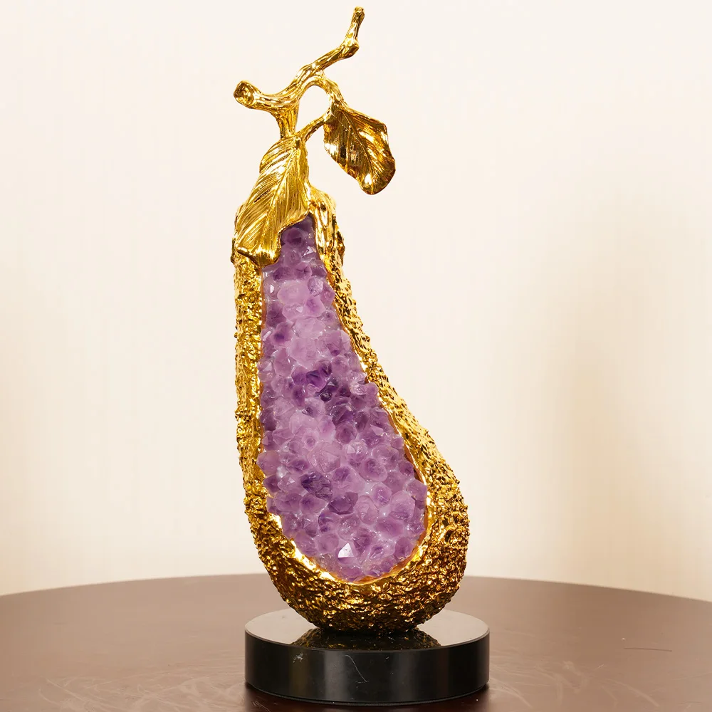 Zinc Alloy Eggplant Melon Decoration Amethyst Marble Base, Elegant Home Decoration, Art Collection Gifts