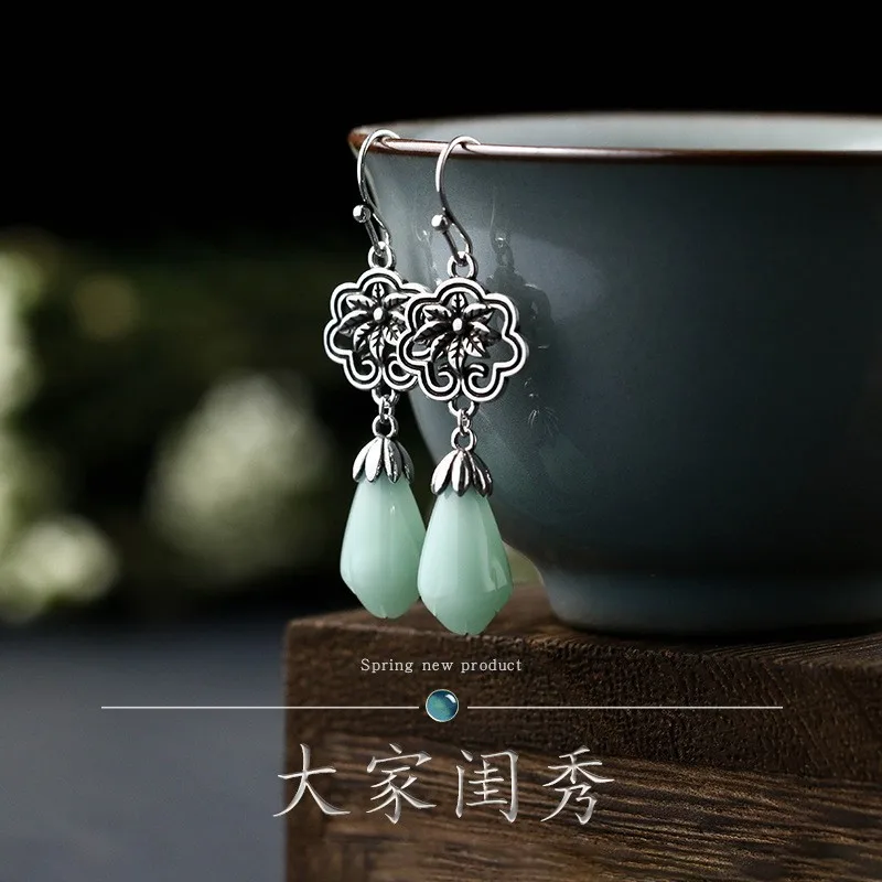 Vintage Chinese Jade Pendant Earrings for Women Ancient Silver Color Retro Palace Style Luxury Jewelry Flower Shaped Ornaments