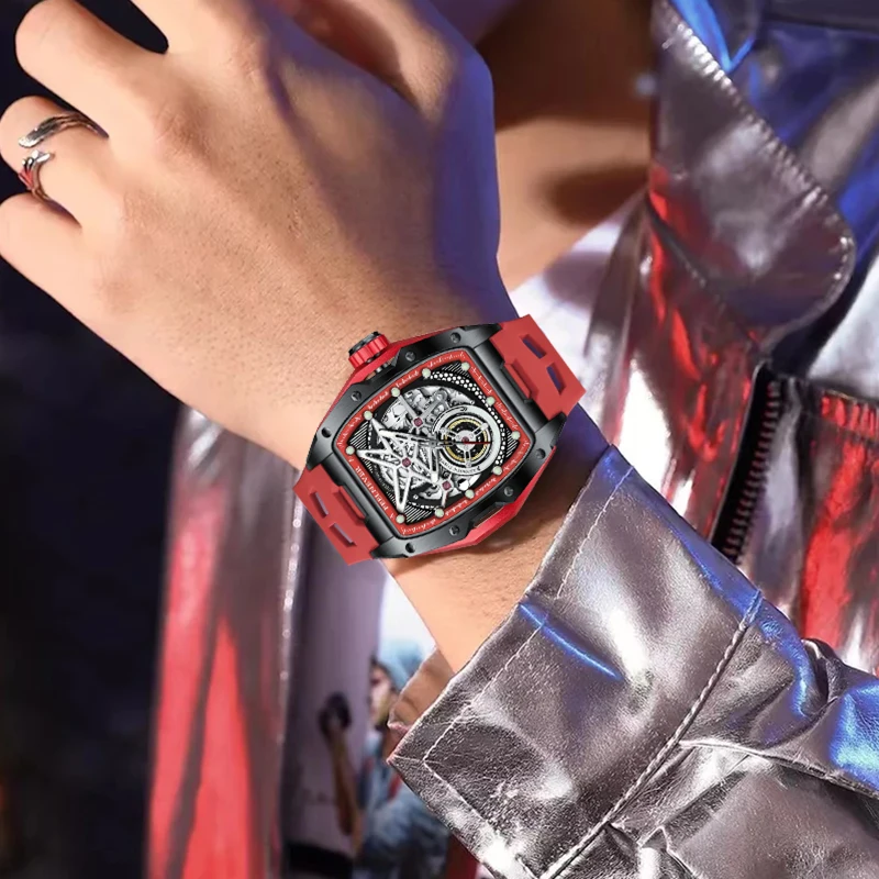 FeelNever Outdoor Casual Sports Mechanical Man Watch 316L Stainless Steel Silicone Waterproof Automatic Movement Watches for Men view 4