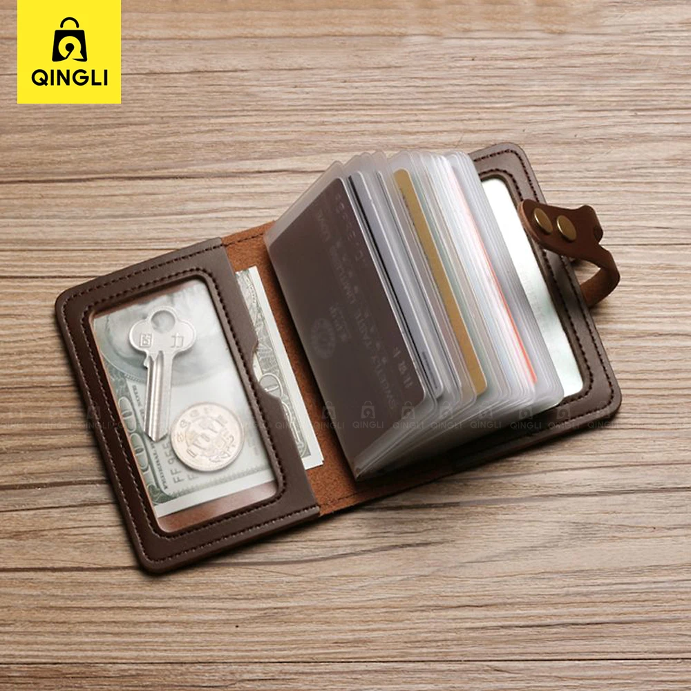 New Men's Leather Card Wallet Large Capacity 32 Cards Holders Double Hasp Credit Card Holder Women Translucent Business Card Bag