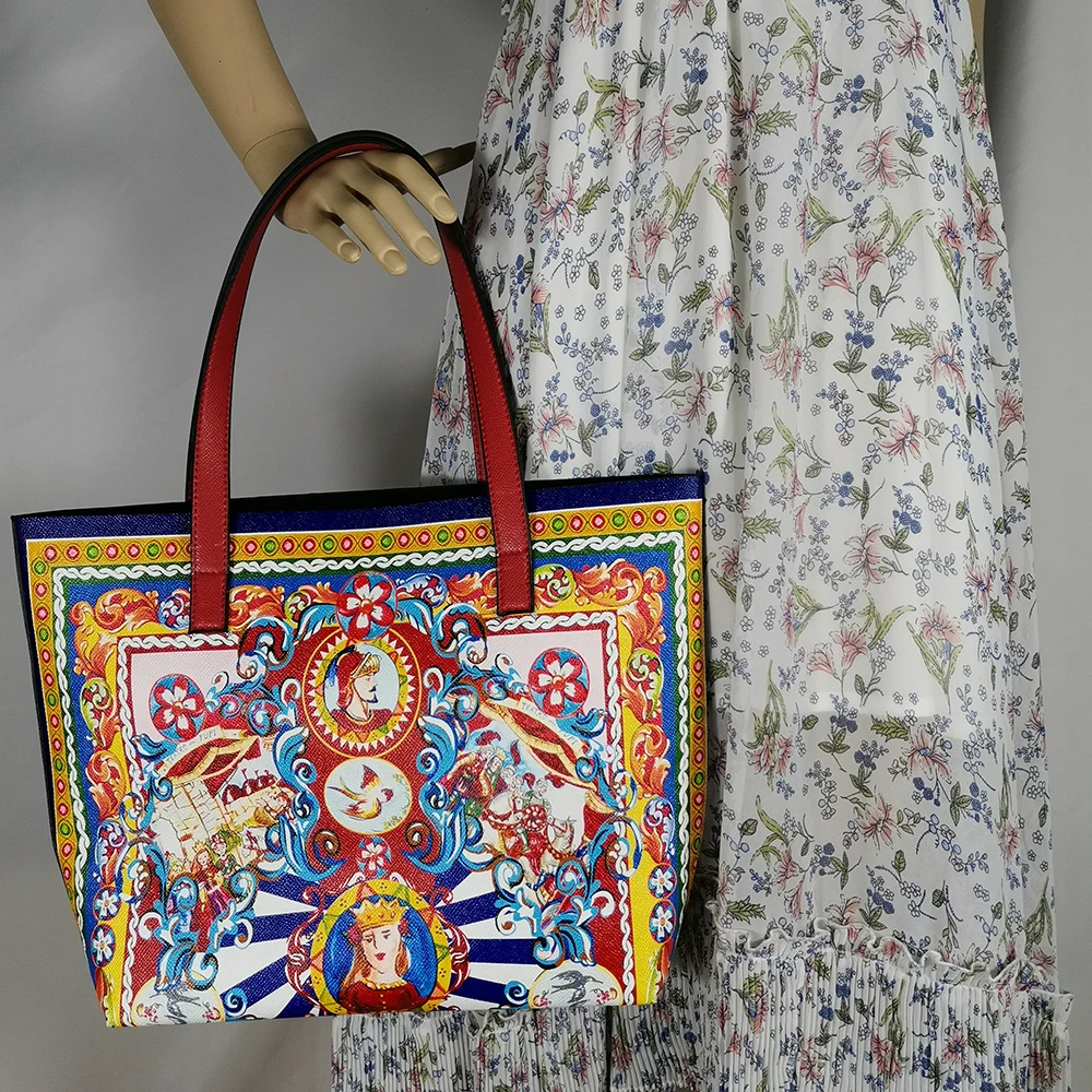 Bolso de hombro de viaje con estampado italiano para mujer y niña, bolsa de mano grande con textura Floral de cuero, marca famosa