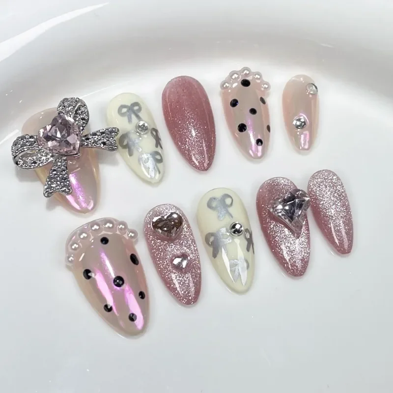 10pcs Elegant Sweet Medium Almond Fake Nails Cat Eye Polka Dot Bowknot Rhinestone Press on Nails Wearable Full Cover Nails Tip