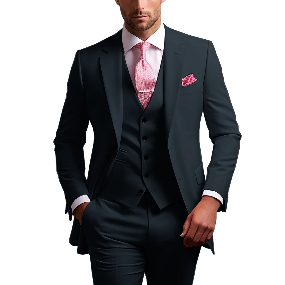 남성용 3피스 핑크 슬림핏 턱시도 정장 바지와 조끼 포함 클래식 단색 웨딩 신랑 맞춤 의상