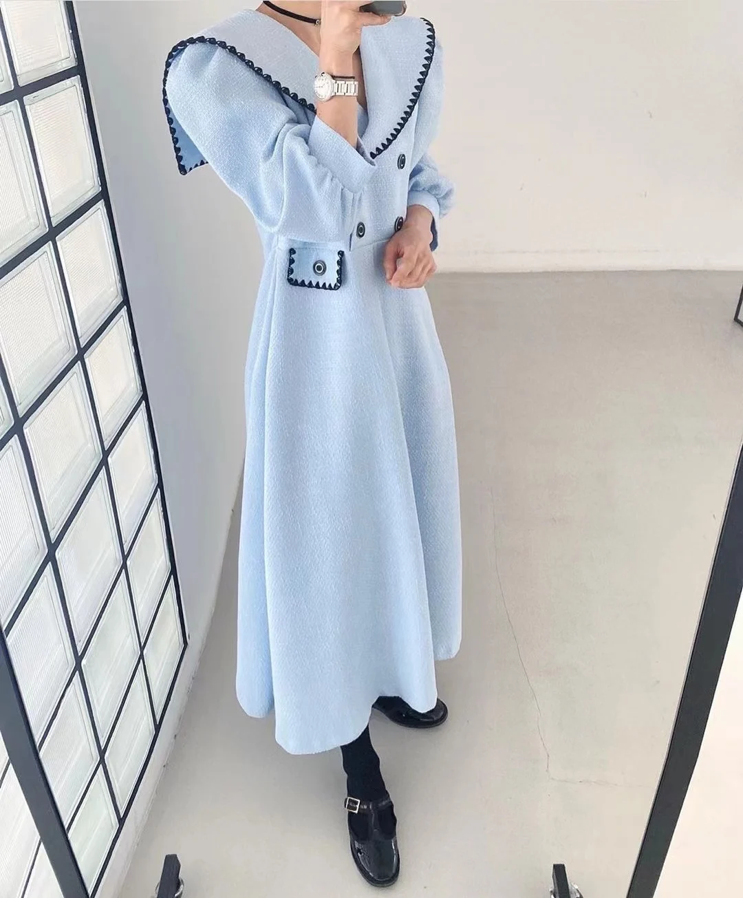 Korean Vintage Women Autumn Double Breasted Three Quarter Turn Down Collar Casual Loose Runway Desinger High Quality Maxi Dress