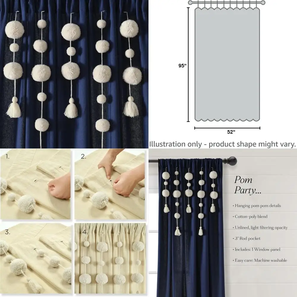 

Темно-синяя льняная оконная занавеска в богемном стиле с помпонами и кисточками, 52x95