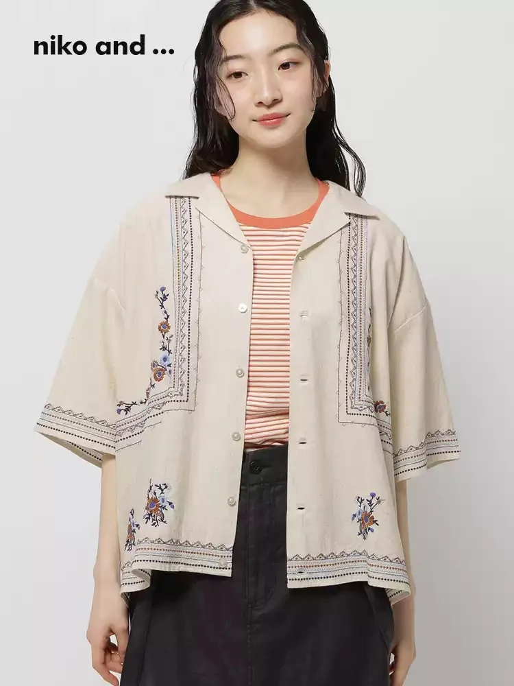 

Niko Home Japanese Sle Sweet Embroidered Loose ort Sve irt Women's New Summer Faion Artistic Retro Cotton Blend