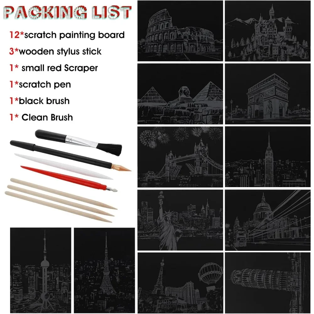 무지개 스크래치 페이퍼 및 스크래치 도구 키트 시티 시리즈 야경 스크래치 아트 (성인 및 어린이용)