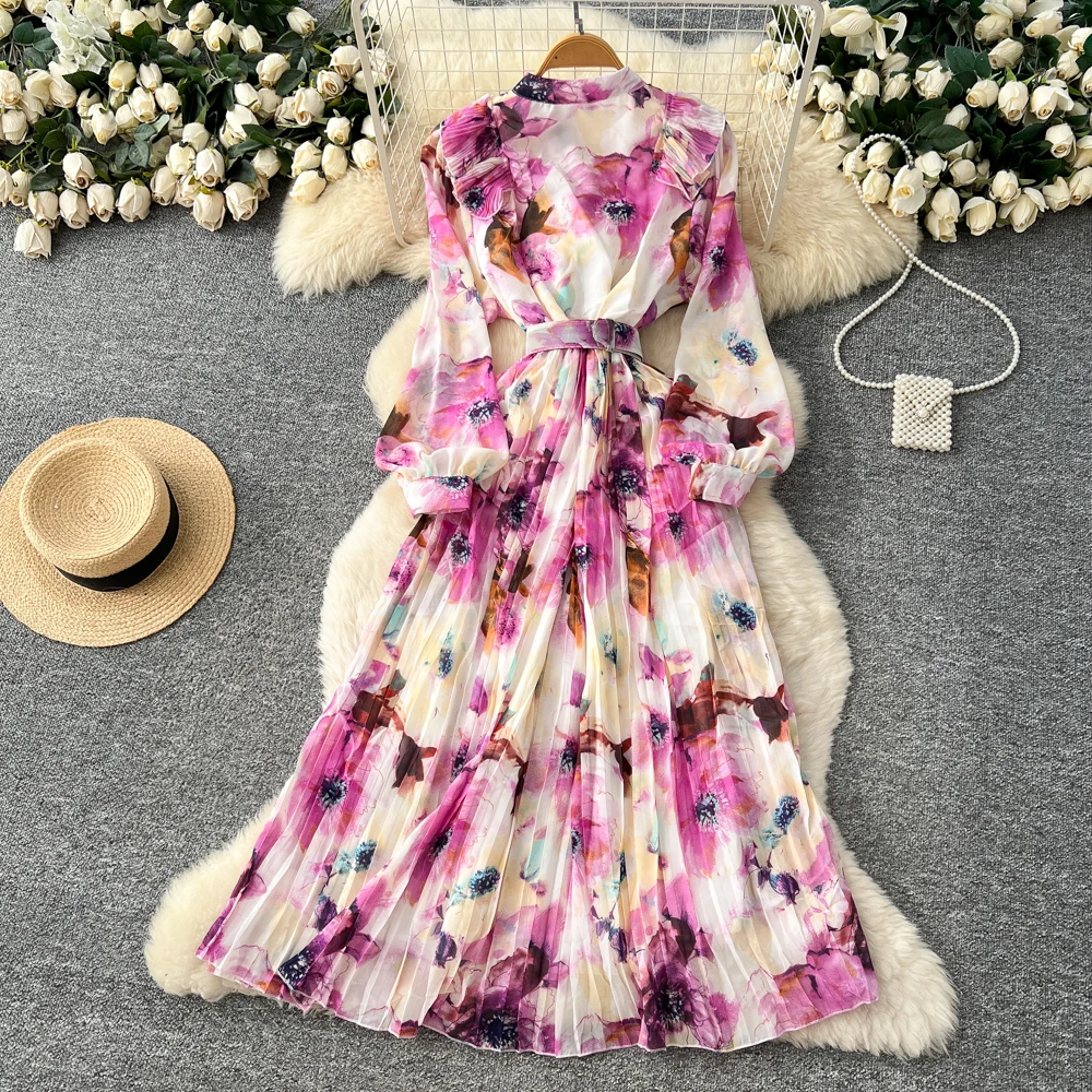 Chic vintage long sleeve print Elegant Fairy autumn hotsweet Sundress women clothing A-line dress