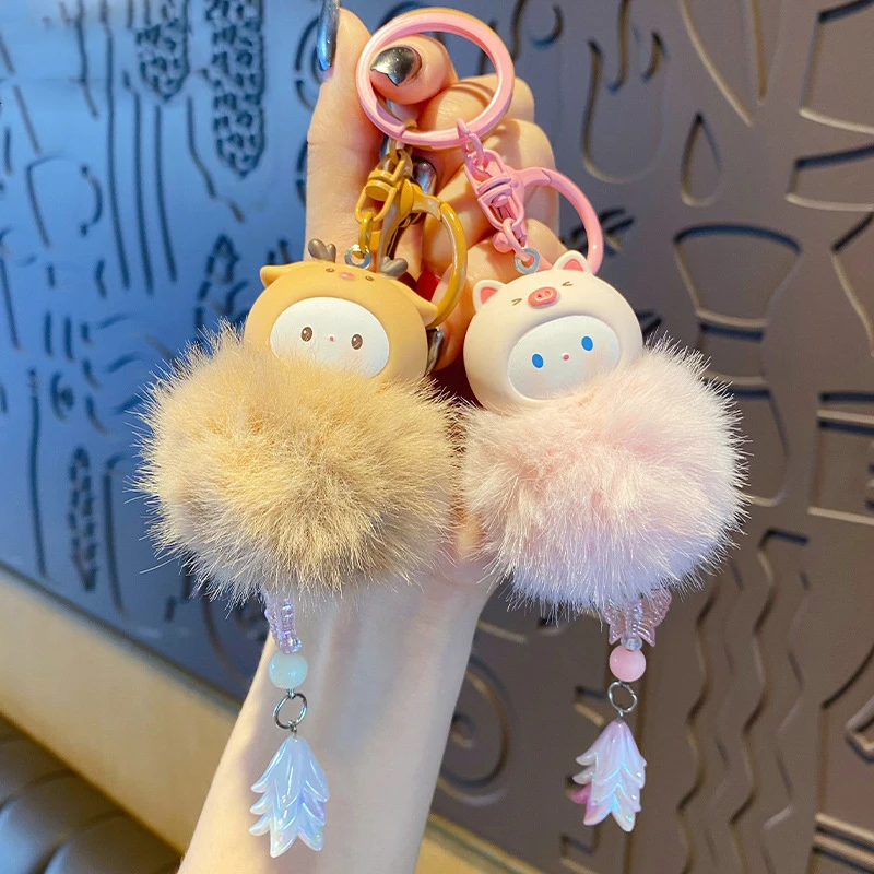 Llavero con cabeza de cerdo peluda para coche, cubierta de oso suave, muñeco de peluche, ciervo de dibujos animados, Panda, cuentas, colgante de mariposa, llavero para bolso