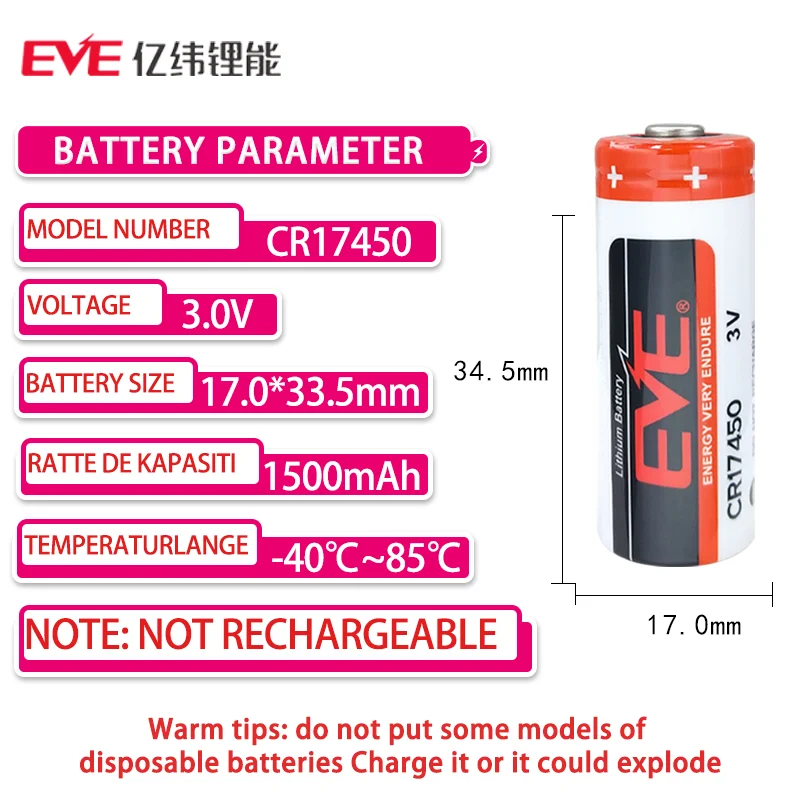 EVE CR17450 3V lithium battery is suitable for intelligent instrument indicator lights compass direction devices safety devices