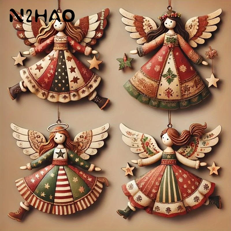 4pcs Handmade Wooden Angel Christmas Ornaments- Multi-Color Festive Decor For Tree, Home & Offic Christmas Pendant