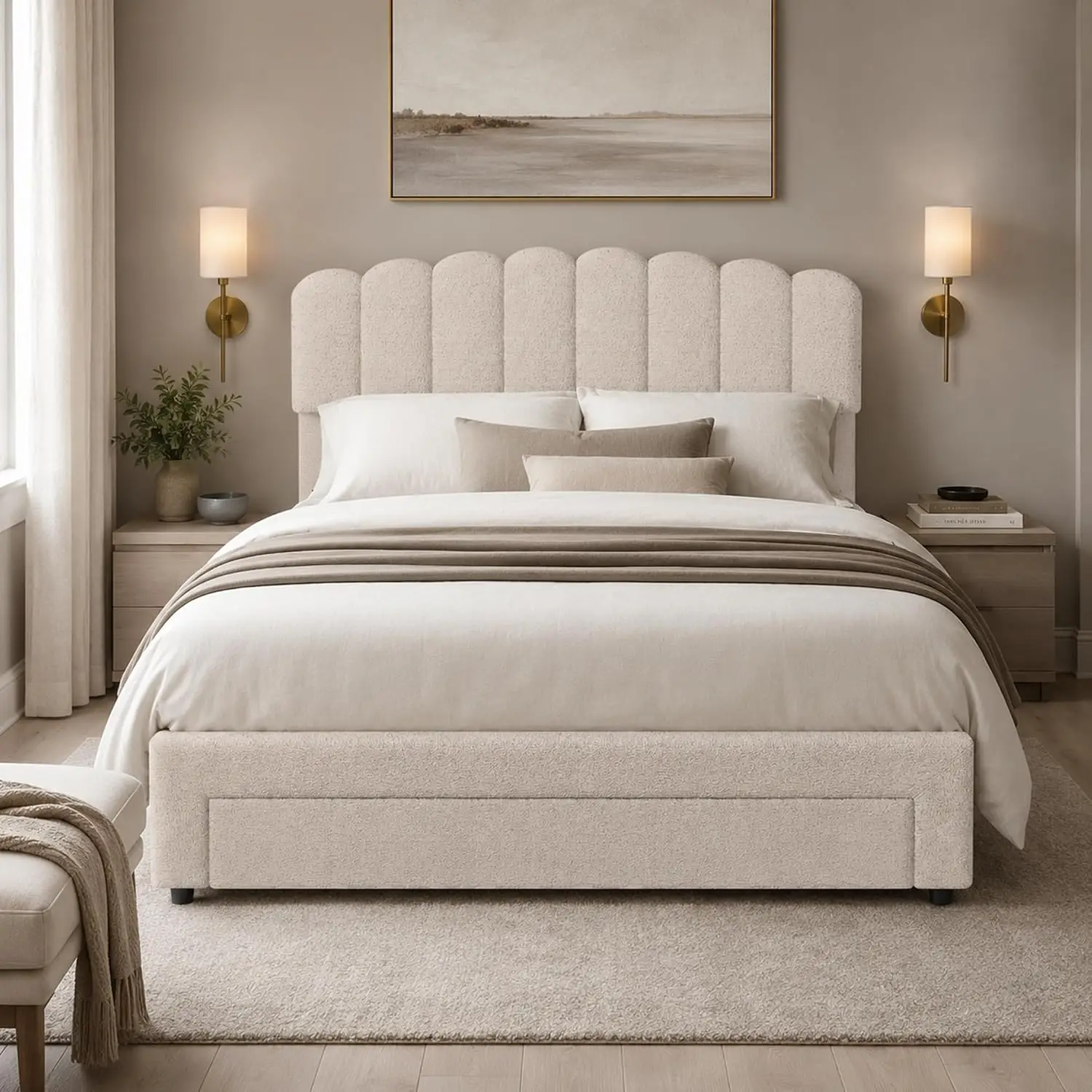 Cama doble tapizada de 160 x 200 cm, estructura de cama de tela, cama acolchada con cabecero de altura ajustable, estructura de cama con somier, color beige